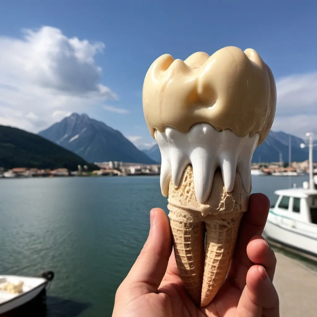 Prompt: A giant molar tooth with roots made of ice cream with Muscat view in the back