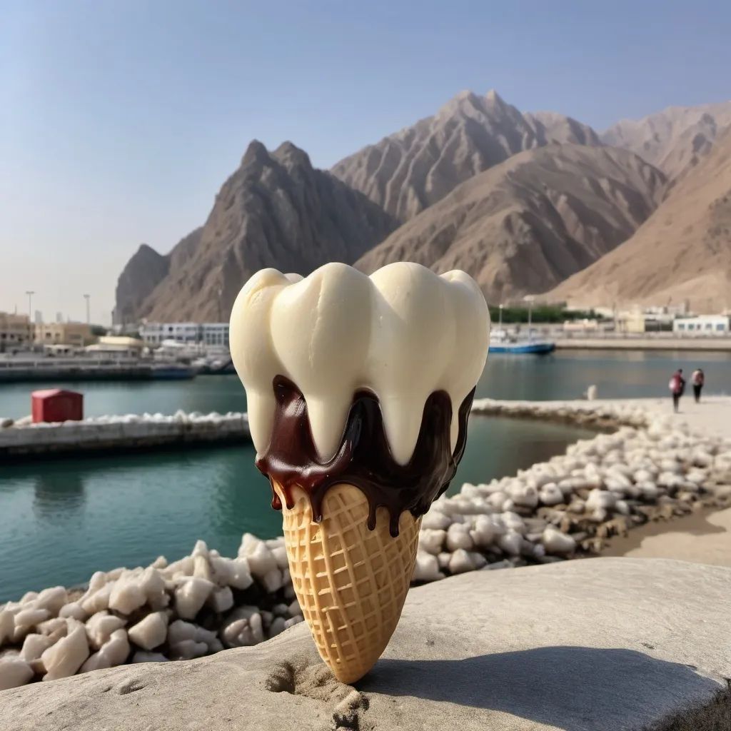 Prompt: A giant molar tooth with roots made of ice cream with Muscat Mutrah view in the back