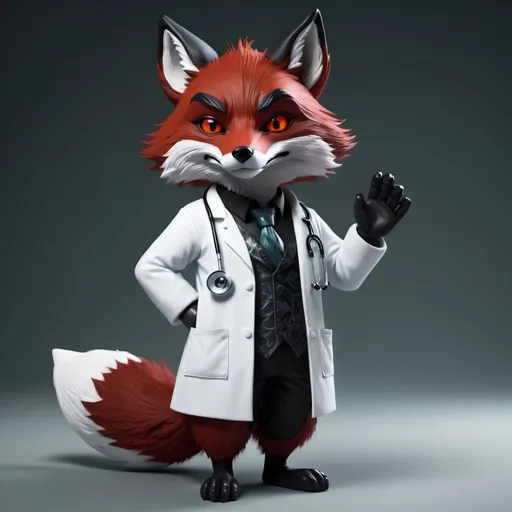 Prompt: Scary, dark red and blackish animated fox, detailed fur with eerie reflections, intense and menacing gaze, doctor's attire, sinister aura, high quality, dark fantasy, detailed eyes, professional, atmospheric lighting, wallpaper-worthy