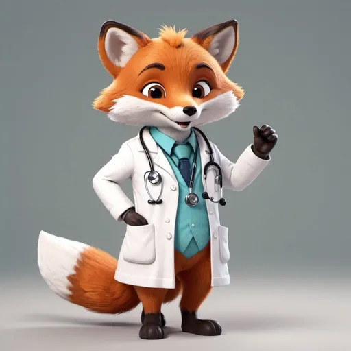 Prompt: Very cute animated fox wearing doctor's outfit, high resolution, cartoon style, white coat, stethoscope, friendly smile, professional demeanor, bright and welcoming, cheerful atmosphere, detailed fur texture, best quality, 4k, cartoon, cute, fox, doctor, friendly, professional, cheerful, bright colors