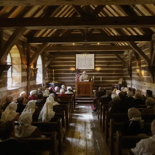 Prompt: create an image of a small, simple, 17th century Puritan wooden church with no images, women with veils on their heads, men sitting reverently and the pastor fervently preaching the Scriptures