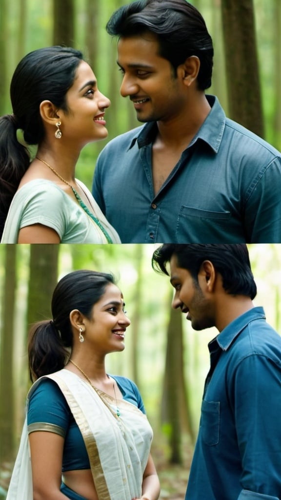 Prompt: a series of pictures of Cinematic shot of a most beautiful actress with her breathtaking smile with hair tied in a ponytail wearing a diamond dotted white saree talking to an Bangladeshi actor, an extremely handsome man who is dressed in a dark blue shirt and jeans pant standing on beside her ,while he looks at her, They stand far apart from each other in a forest background,The scene captures their conversation as they walk together through nature,cinematic, style of 2000s Bangladeshi movie. 