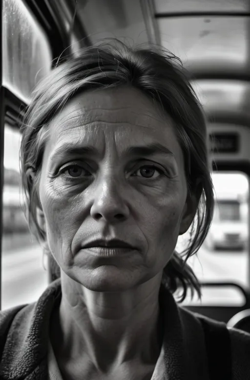 Prompt: photorealistic, (dramatic) black and white, (high contrast) lighting, (artistic composition) of a solitary woman sitting on a bus, thoughtful expression, shadows play across her face, (captivating detail), worn textures of the bus interior, moody ambiance, intense gaze reflecting emotion, ultra-detailed, reminiscent of Dirk Braeckman’s emotional depth.