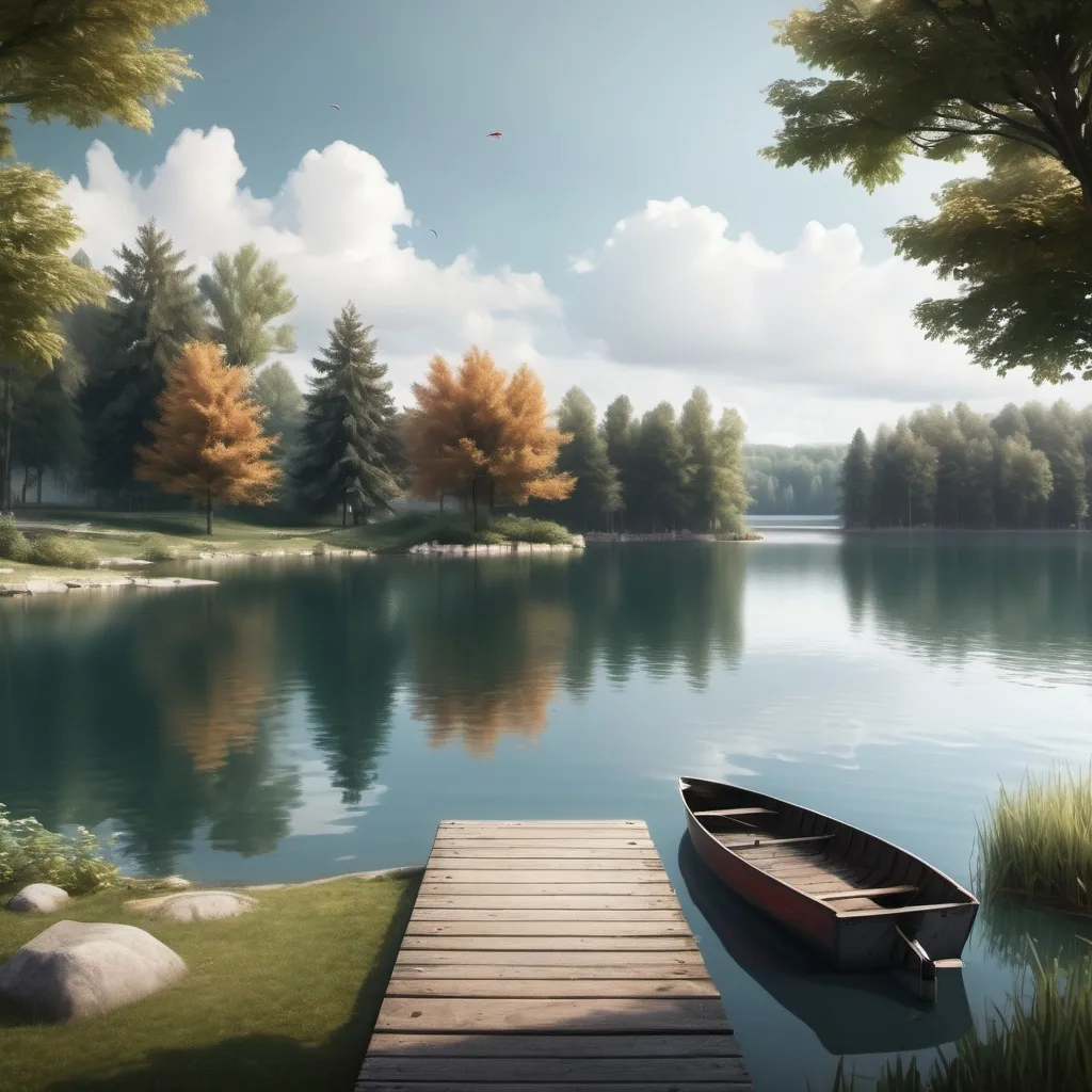 Prompt: make a realistic picture of a lake with land on the right side and a fishing dock