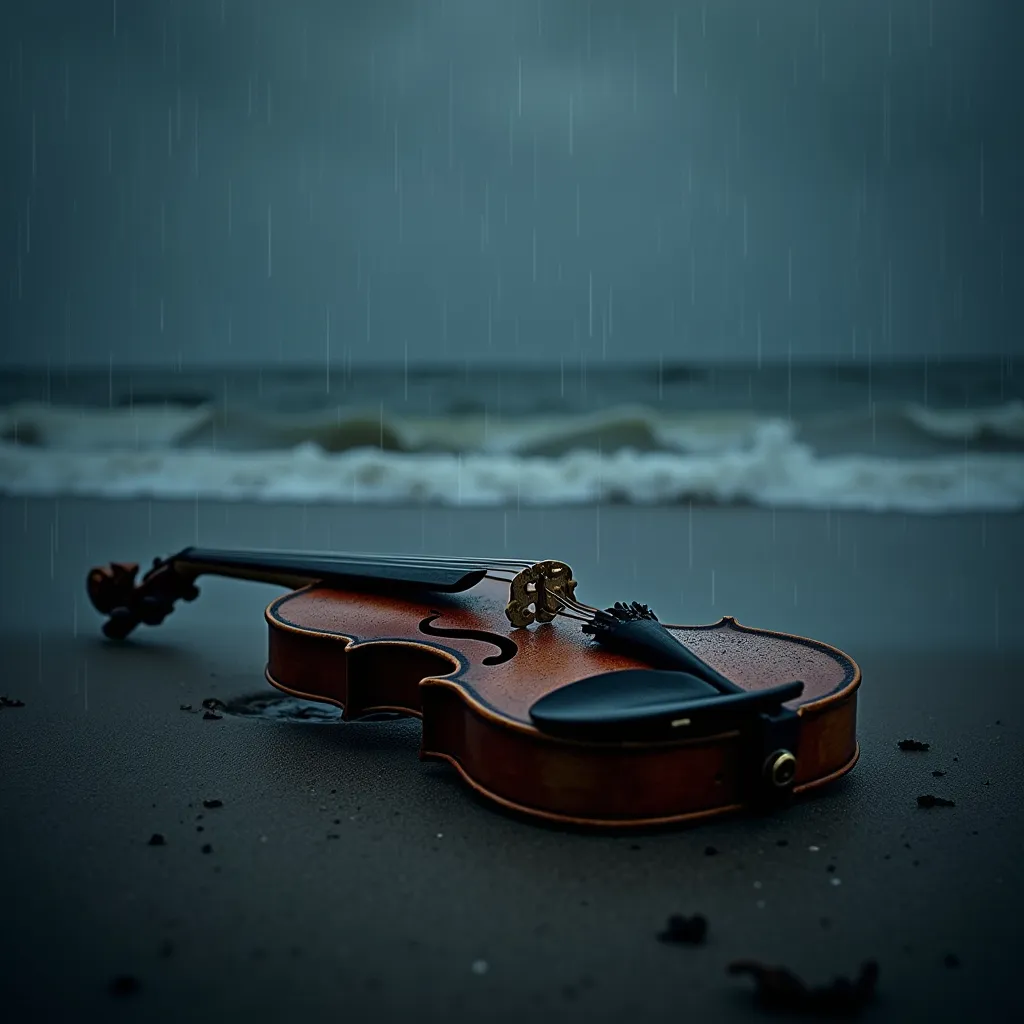 Prompt: a sad broken violin on the beach at night while it's raining
