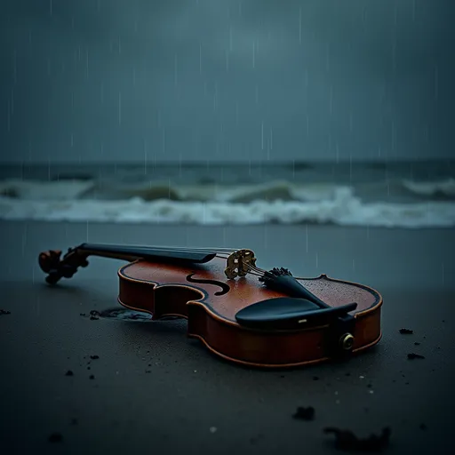 Prompt: a sad broken violin on the beach at night while it's raining
