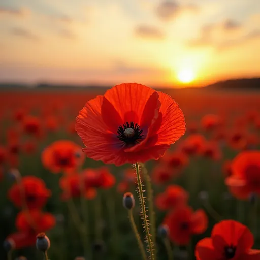 Prompt: field of red poppy flours, closer to sunset, gentle wind