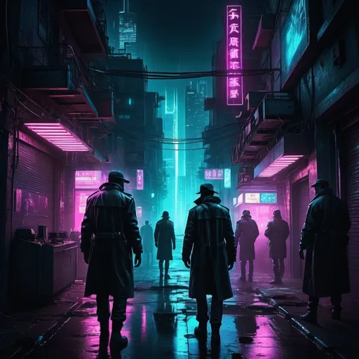 Prompt: Dark and gritty cyberpunk cityscape, futuristic detectives in shadowy alleyways, neon lights illuminating the city, mysterious figures lurking in the darkness, high contrast noir style, dystopian future, corruption and intrigue, best quality, highres, ultra-detailed, fantasy, cyberpunk, dark tones, neon lighting, mysterious atmosphere, futuristic city, detailed characters, professional, dramatic lighting