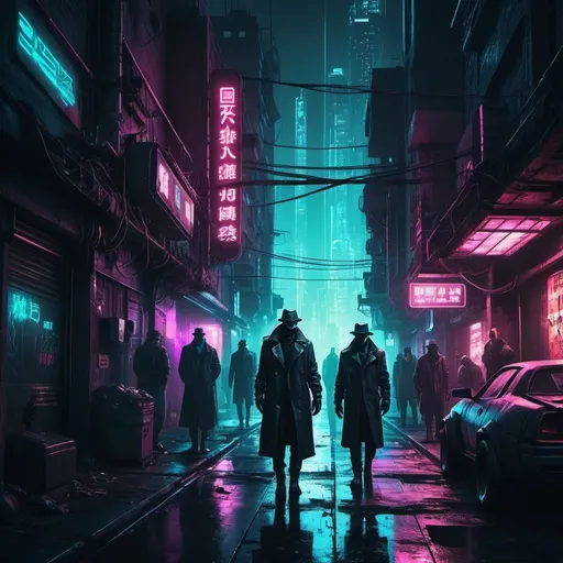 Prompt: Dark and gritty cyberpunk cityscape, futuristic detectives in shadowy alleyways, neon lights illuminating the city, mysterious figures lurking in the darkness, high contrast noir style, dystopian future, corruption and intrigue, best quality, highres, ultra-detailed, fantasy, cyberpunk, dark tones, neon lighting, mysterious atmosphere, futuristic city, detailed characters, professional, dramatic lighting