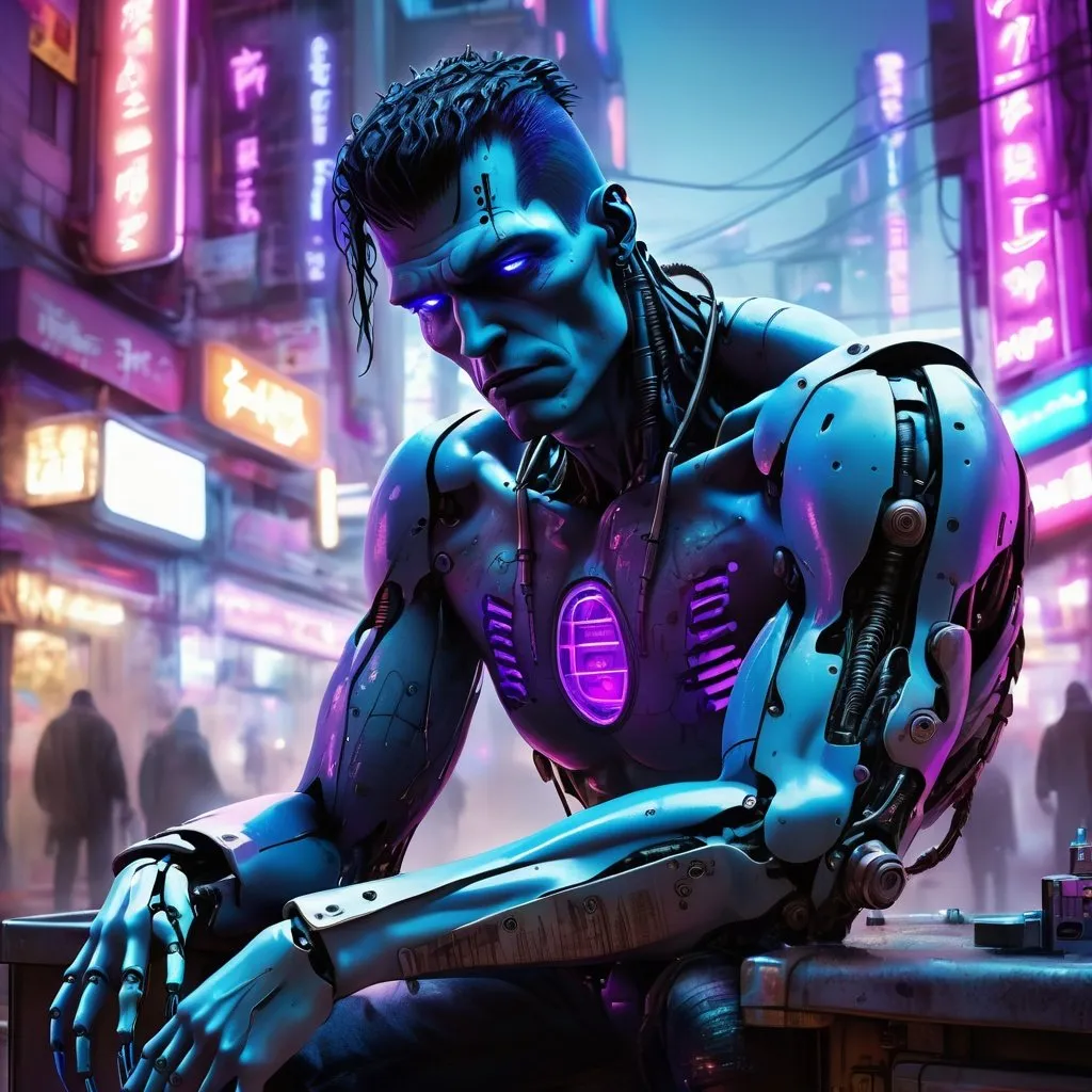 Prompt: Cyberpunk Frankenstein with technological modifications, futuristic setting, high-tech enhancements, neon-lit cityscape, detailed robotic limbs, intense and haunting gaze, electric blue and neon purple tones, gritty urban atmosphere, highres, ultra-detailed, cyberpunk, futuristic, detailed robotic limbs, haunting gaze, electric blue tones, neon purple tones, gritty atmosphere, high-tech enhancements