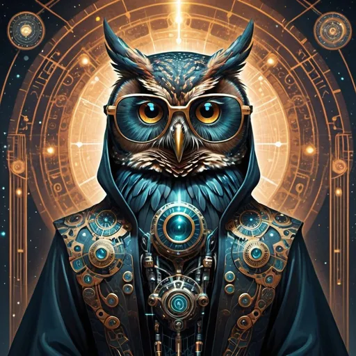 Prompt: Owl Oracle of the Cybernetic Coven: Seek guidance from the Owl Oracle of the Cybernetic Coven, a wise sage adorned in intricate cybernetic robes and enigmatic sunglasses, peering into the digital ether to unveil secrets of the future.