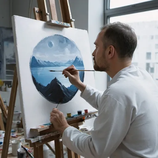 Prompt: A man painting  something  like  the future 