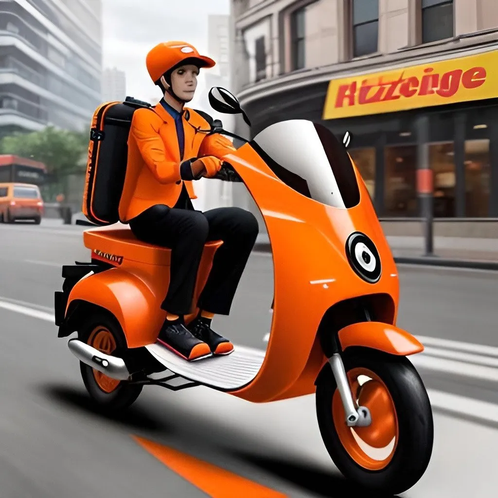 Prompt: A fast paced scoter bike with orange delivering suit on delivering a pizza