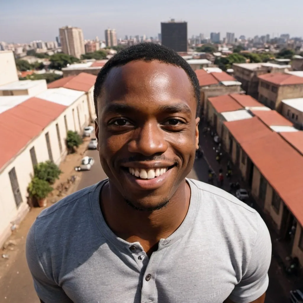 Prompt: A black man smiling at the camera with a wide angle lens showcasing the African city setting room behind him 