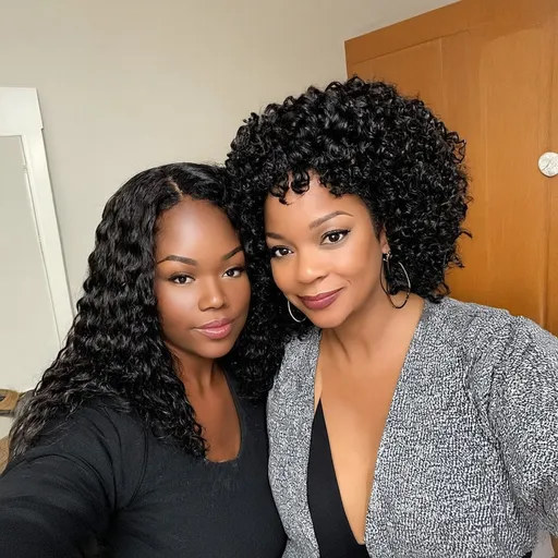 Prompt: there is a black woman , the woman has curly black curly, she has dark skin, with dark brownish skin, with long curly loose, long black loose curl hair she is taking a long shot selfie with her older mother