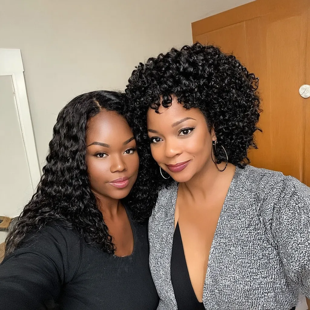 Prompt: there is a black woman , the woman has curly black curly, she has dark skin, with dark brownish skin, with long curly loose, long black loose curl hair she is taking a long shot selfie with her older mother