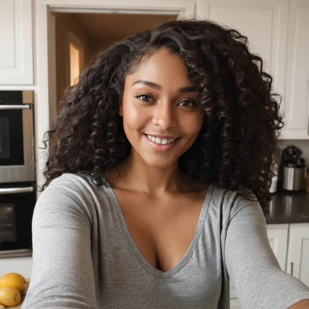 Prompt: there is a black woman , the woman has curly black curly, she has dark skin, with dark brownish skin, with long curly, long black curly hair she is taking a long shot selfie in her kitchen