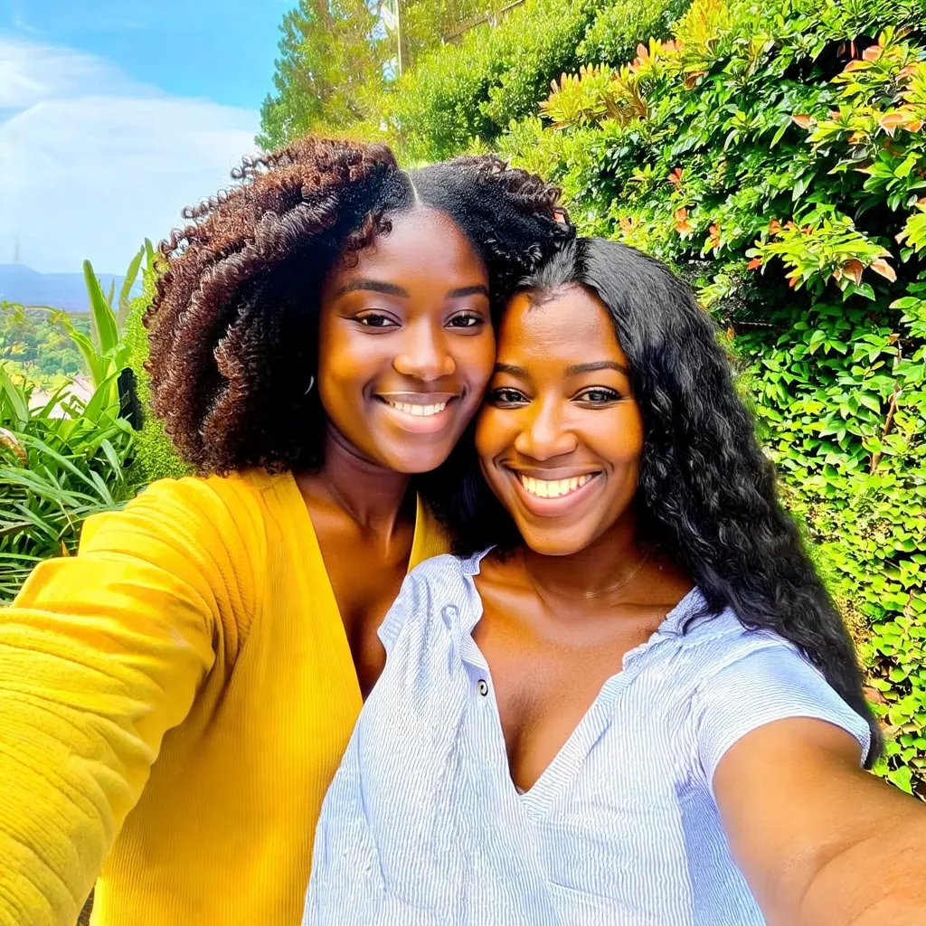 Prompt: there is a black woman , the woman has curly black curly, she has dark skin, with dark brownish skin, with long curly loose, long black loose curl hair she is taking a long shot selfie with her friend 