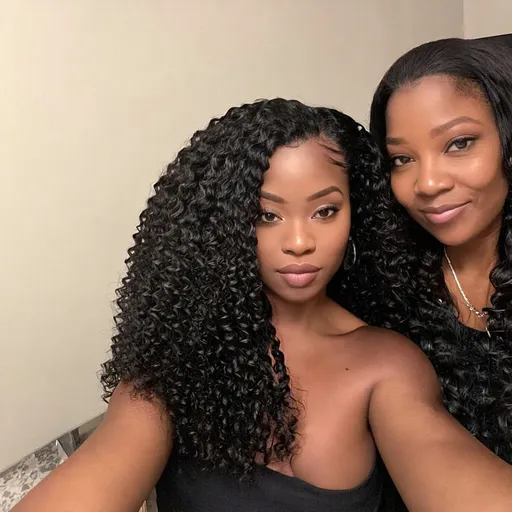 Prompt: there is a black woman , the woman has curly black curly, she has dark skin, with dark brownish skin, with long curly loose, long black loose curl hair she is taking a long shot selfie with her mother