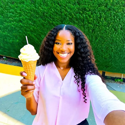 Prompt: there is a black woman , the woman has curly black curly, she has dark skin, with dark brownish skin, with long curly loose, long black loose curl hair she is taking a long shot selfie holding ice cream 