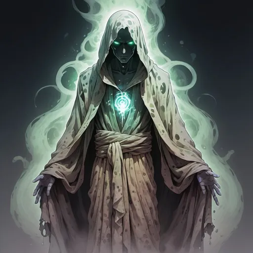 Prompt: a spectral figure draped in tattered robes, with mist swirling around its form like a shroud. Its eyes glow with an eerie, otherworldly light, and its presence evokes a sense of foreboding, jojo stand art style