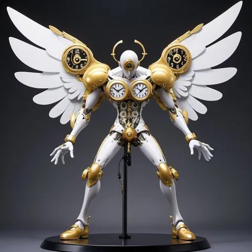 Prompt: Swingfly manifests as a humanoid stand adorned with mechanical wings resembling those of a glider and has a jojo bizarre adventure art style and it’s face is replaced with a clock doing a pose