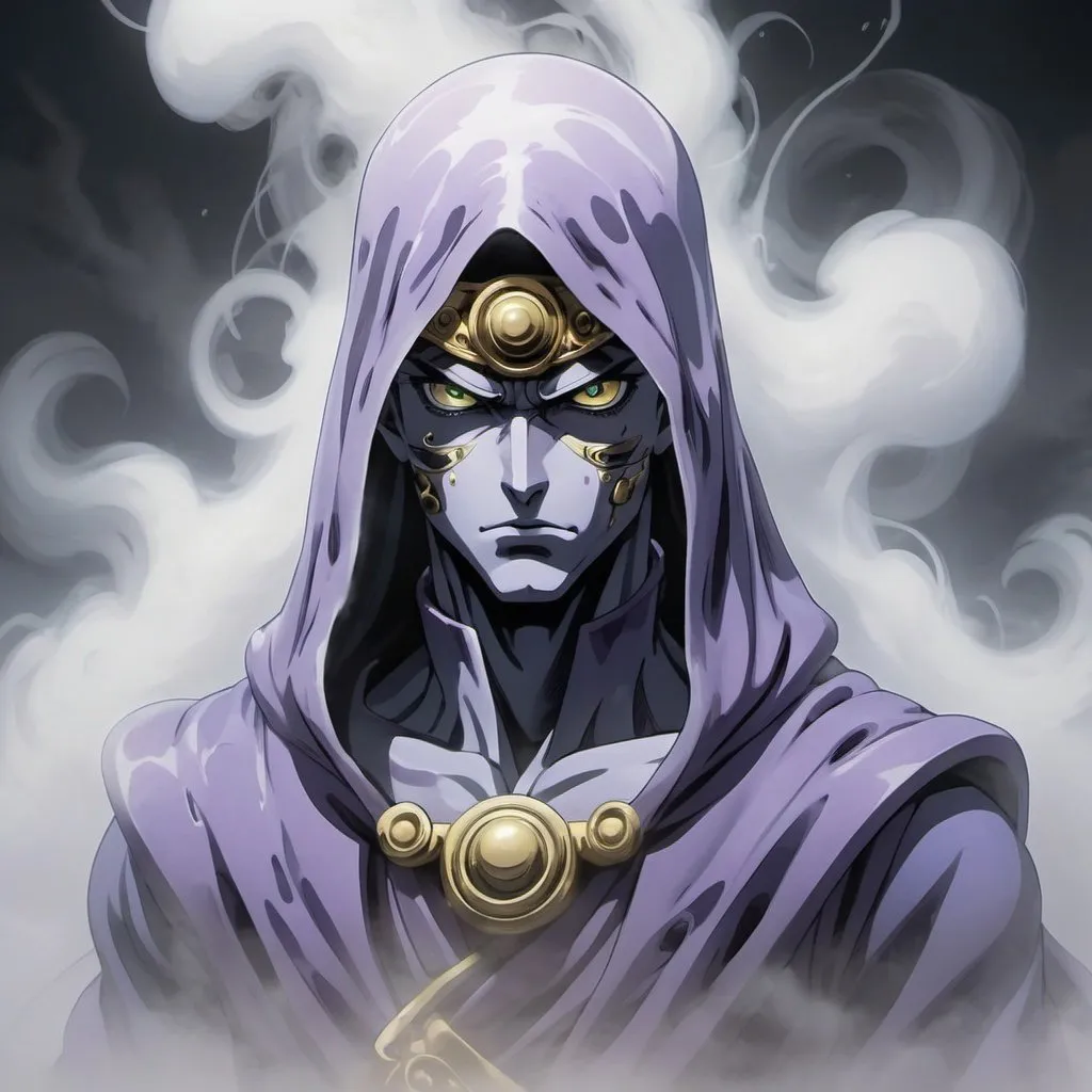 Prompt: a humanoid figure shrouded in mist, with wisps of fog constantly swirling around its form. Its eyes are obscured by a veil of haze, giving it an enigmatic and mysterious appearance, jojo bizarre adventure stand 