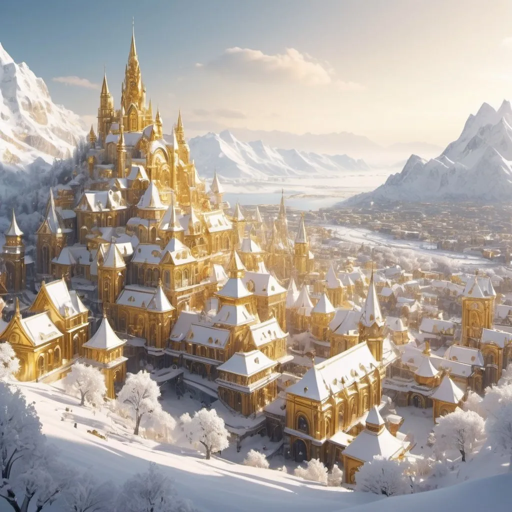 Prompt: golden city covered with snow, pure white and gold, fantasy artwork, beautiful scenery, cinematic 4k wallpaper, 8k, ultra detailed, high resolution