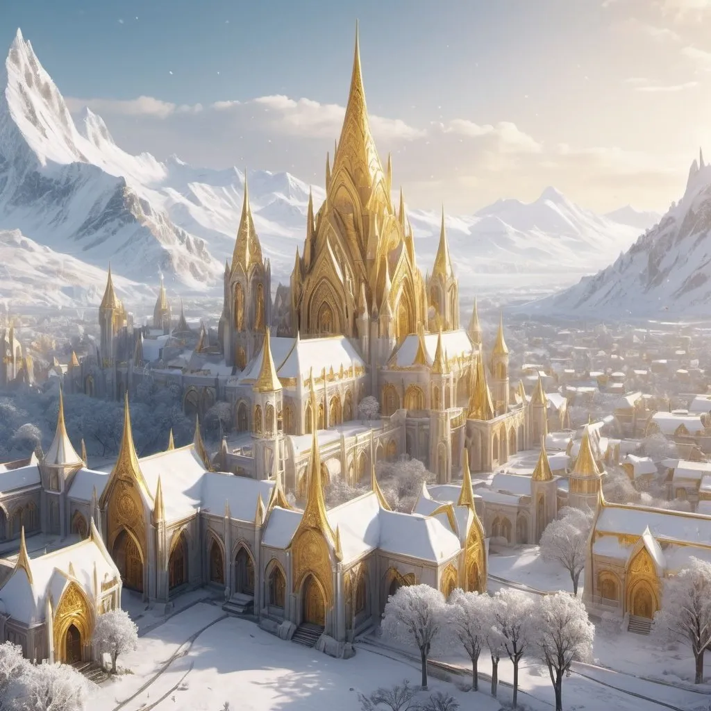 Prompt: elven golden city covered with snow, pure white and gold, fantasy artwork, beautiful scenery, cinematic 4k wallpaper, 8k, ultra detailed, high resolution