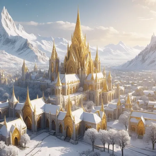 Prompt: elven golden city covered with snow, pure white and gold, fantasy artwork, beautiful scenery, cinematic 4k wallpaper, 8k, ultra detailed, high resolution