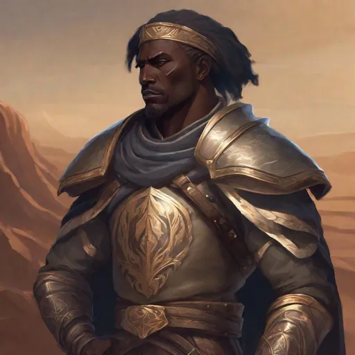Prompt: A majestic commander who lives in the desert, is dark-skinned, muscular and wears a medieval military uniform.