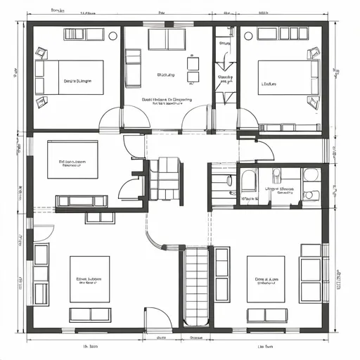Prompt: A detailed CAD drawing of a residential floor plan for a two bedroom (one upstairs and one downstairs)story building house with three (two downstairs and one upstairs) a two kitchen (one upstairs and one downstairs) a living room and a library and dining where the staircase leads from the dining to the kitchen upstairs. 