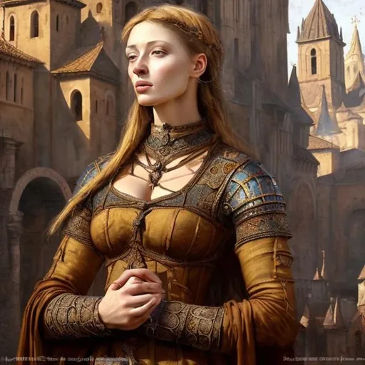 Prompt: Medieval painting of a beautiful woman, detailed dress and accessories, realistic oil painting style, warm and rich color palette, intricate background details, monastery in the background, high quality, realistic, detailed clothing, medieval art, rich colors, detailed background, warm lighting