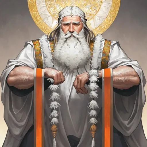 Prompt: I want a 1080x1080 image about a senior man who is a king like solomon and have long white to grey beard. It should only show the character above the arms with no body. There should be a background of enlightenment. Be creative and try to use the orange color. His sight should demonstrated confidence and wisdom.