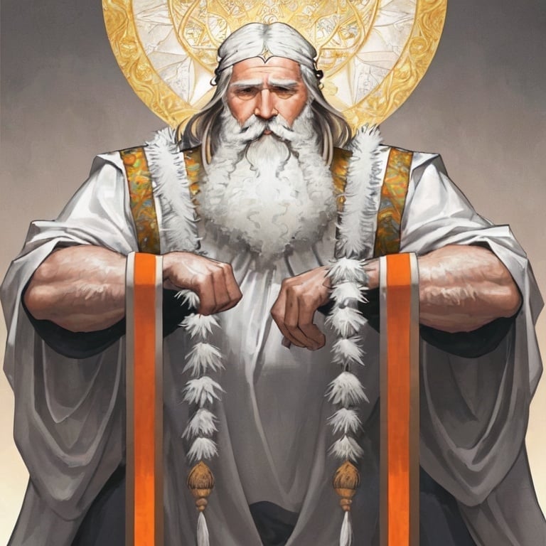 Prompt: I want a 1080x1080 image about a senior man who is a king like solomon and have long white to grey beard. It should only show the character above the arms with no body. There should be a background of enlightenment. Be creative and try to use the orange color. His sight should demonstrated confidence and wisdom.