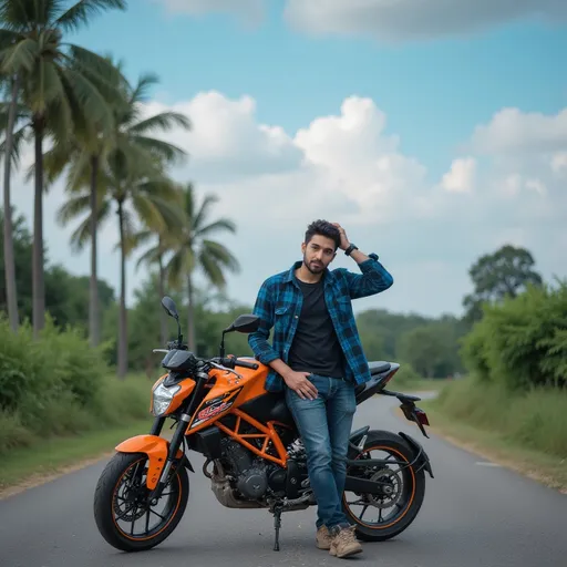 Prompt: On a quiet road surrounded by lush greenery, a young man stands beside a sporty motorcycle, capturing a moment of relaxed contemplation. Dressed in a dark shirt layered under a blue plaid flannel, he leans slightly against the bike, one hand resting on his head, evoking a sense of casual ease. The scene is bathed in soft, natural light, with a clear blue sky dotted with fluffy clouds, adding a serene backdrop to the vibrant orange accents of the motorcycle. Towering palm trees frame the backdrop, enhancing the tranquil atmosphere of this rural setting, reminiscent of a leisurely escape or a spontaneous adventure.