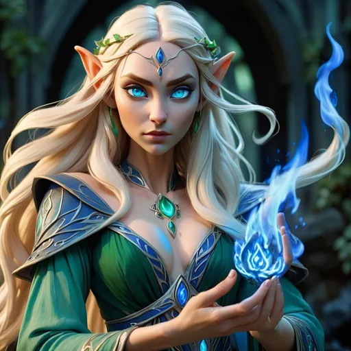 Prompt: A beautiful elven sorceress holding blue flames in her hand, with blue energy seeping from her eyes. She has blonde flowing hair and is wearing and emerald green dress