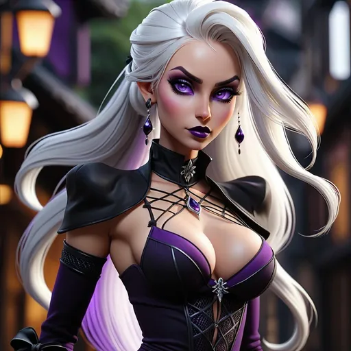 Prompt: 4k, 8k, A tall drow woman, looking sultry, walking towards me, she has long white hair pulled up into a ponytail, and bright purple eyes. Detailed eyes, detailed face, full body. She is wearing black gloves and fishnet stockings.