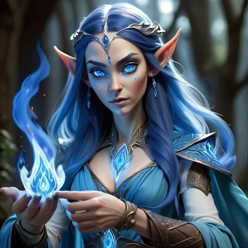 Prompt: A beautiful elven sorceress holding blue flames in her hand, with blue energy seeping from her eyes