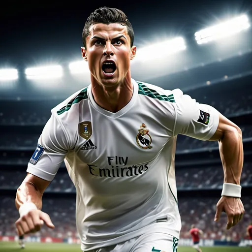 Prompt: photorealistic, (high-resolution portrait of Cristiano Ronaldo), dynamic pose, intense expression, athletic build, capturing the essence of a football star, dramatic lighting highlighting facial features, vivid details showcasing his jersey and playing technique, stadium background with cheering crowd, showcasing energy and passion in sports, (ultra-detailed HD)