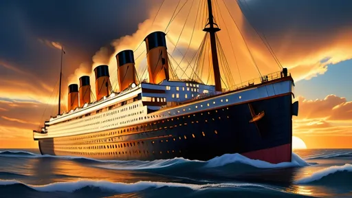 Prompt: (Titanic ship), majestic ocean liner, (decorative hull details), set against a dramatic sunset sky, warm golden rays illuminating white sails, turbulent deep blue sea with swirling waves, (nostalgic atmosphere), showcasing grandeur and elegance from the early 20th century, hints of vintage design, high detail, (4K quality), capturing both beauty and tragedy of its voyage.