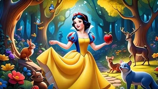 Prompt: (cartoon style), (beloved fairy tale character), Snow White, whimsical forest setting, vibrant colors, cheerful ambiance, highly detailed character features, iconic blue and yellow dress, interacting with woodland animals, enchanting background with lush trees, flowers, and sparkling streams, playful expressions, captivating magical elements, HD quality, bright inviting atmosphere.