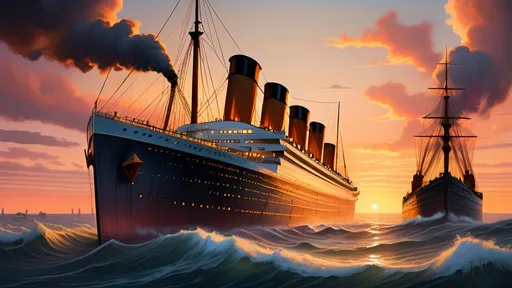 Prompt: (realism style), majestic (Titanic ship), ocean waves crashing against the hull, detailed exterior with iconic smokestacks, setting sun casting a warm golden glow, sky painted with hues of orange and pink, subtle reflections on water, captures a moment of grandeur and nostalgia, highly detailed, vivid colors, 4K quality, immersive maritime atmosphere.