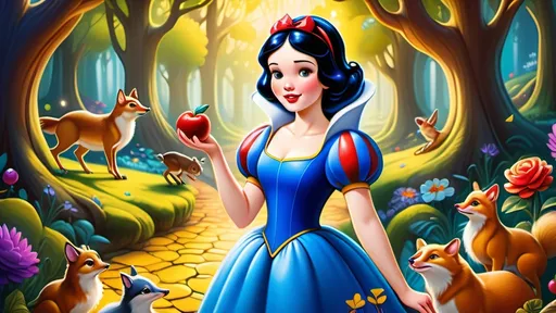 Prompt: (cartoon style), (beloved fairy tale character), Snow White, whimsical forest setting, vibrant colors, cheerful ambiance, highly detailed character features, iconic blue and yellow dress, interacting with woodland animals, enchanting background with lush trees, flowers, and sparkling streams, playful expressions, captivating magical elements, HD quality, bright inviting atmosphere.