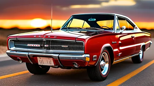 Prompt: (realism style), 1966 Dodge Charger, classic muscle car, sleek curves, polished chrome, glossy red paint, open road background, sunset lighting, warm tones, nostalgic vibes, vintage Americana, high detail, dramatic shadows, ultra-detailed, showcasing an iconic automobile in a timeless scene.