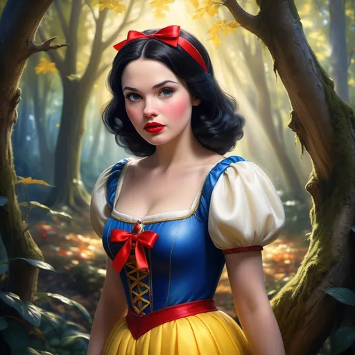 Prompt: (realism style image), a graceful face of Snow White, enchanting features, red lips, dark hair, wearing a traditional blue dress with yellow skirt and red ribbon, forest background with vibrant, lush foliage, soft sunlight filtering through trees, serene and magical ambiance, high detail, ultra-detailed, captured in HD quality.