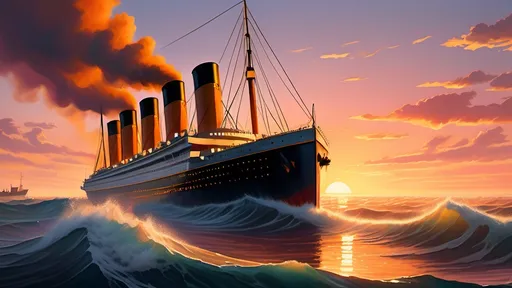 Prompt: (realism style), majestic (Titanic ship), ocean waves crashing against the hull, detailed exterior with iconic smokestacks, setting sun casting a warm golden glow, sky painted with hues of orange and pink, subtle reflections on water, captures a moment of grandeur and nostalgia, highly detailed, vivid colors, 4K quality, immersive maritime atmosphere.