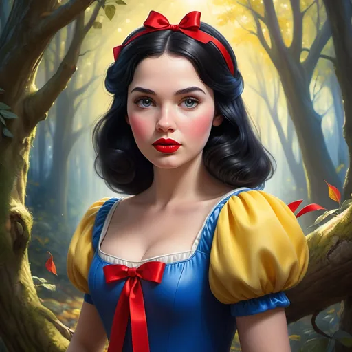 Prompt: (realism style image), a graceful face of Snow White, enchanting features, red lips, dark hair, wearing a traditional blue dress with yellow skirt and red ribbon, forest background with vibrant, lush foliage, soft sunlight filtering through trees, serene and magical ambiance, high detail, ultra-detailed, captured in HD quality.