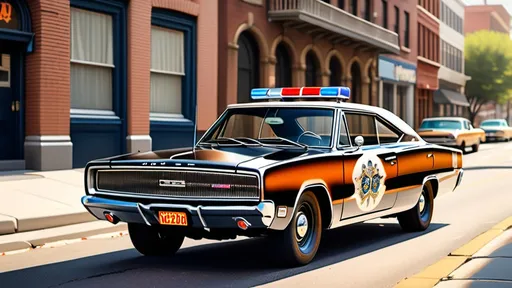 Prompt: photorealistic (1966 Dodge Charger police car), classic muscle car, detailed police decals, shiny chrome accents, authentic vintage features, parked on a city street, warm afternoon light, soft shadows giving depth, urban background with retro architecture, striking colors highlighting the car's details, high quality, ultra-detailed, capturing the essence of 1960s Americana.