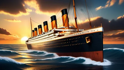 Prompt: (Titanic ship), majestic ocean liner, (decorative hull details), set against a dramatic sunset sky, warm golden rays illuminating white sails, turbulent deep blue sea with swirling waves, (nostalgic atmosphere), showcasing grandeur and elegance from the early 20th century, hints of vintage design, high detail, (4K quality), capturing both beauty and tragedy of its voyage.